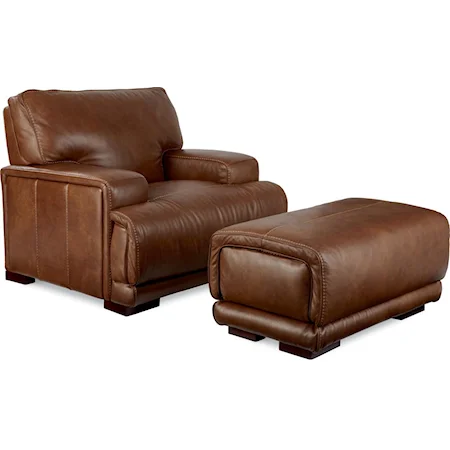 Casual Leather Chair and Ottoman with Wide Curved Waterfall Seat and Track Arms